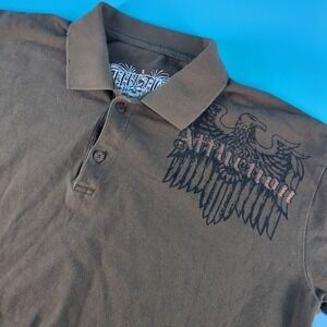 Vtg Y2K Affliction Men's XL Army Green Skulls Grave Wings Distressed Polo Shirt